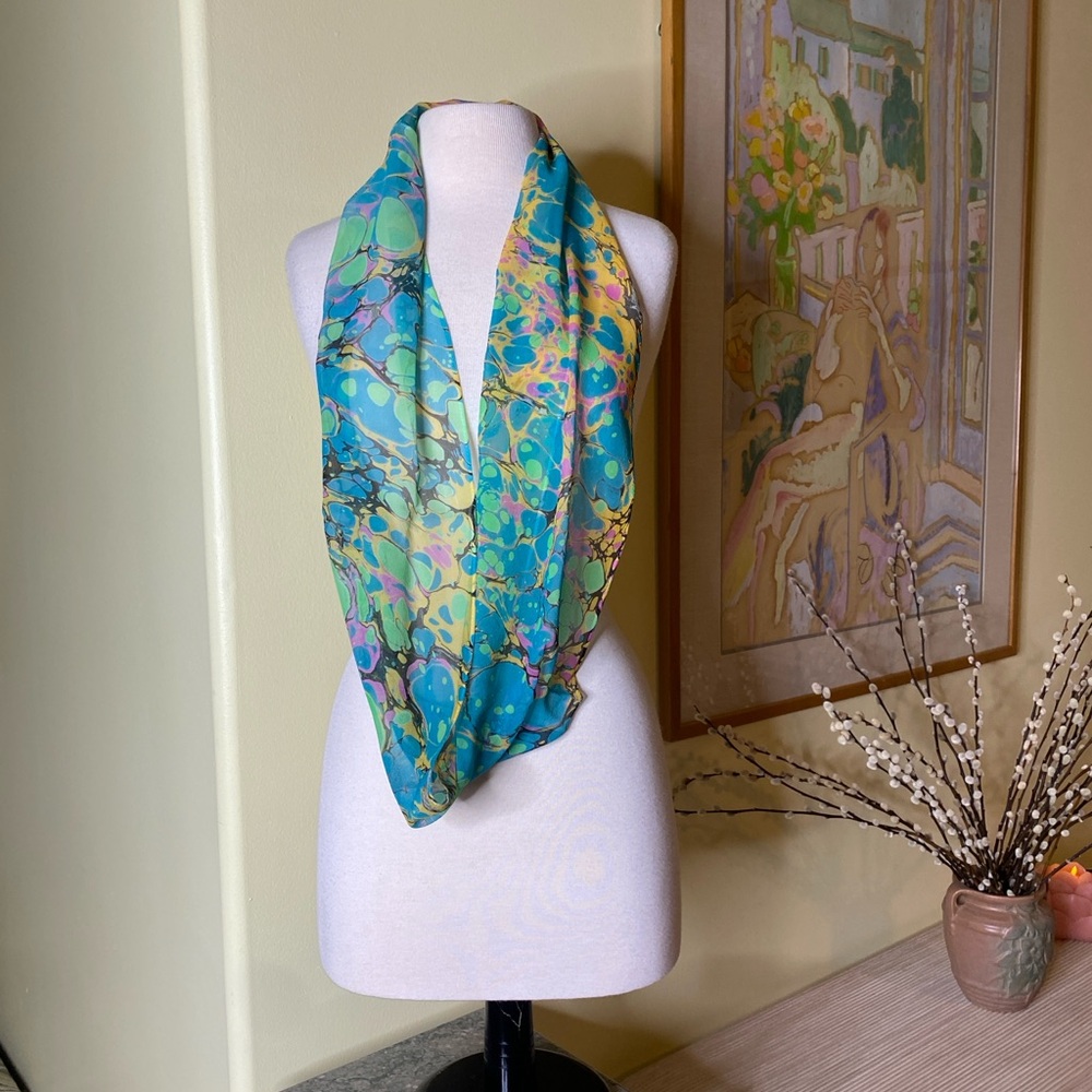 New Silk scarf in box blue background of marble design.